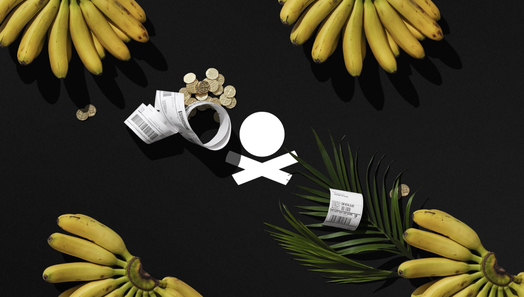Pirate Ship identity with bananas, shipping labels and the skull and crossbones mark